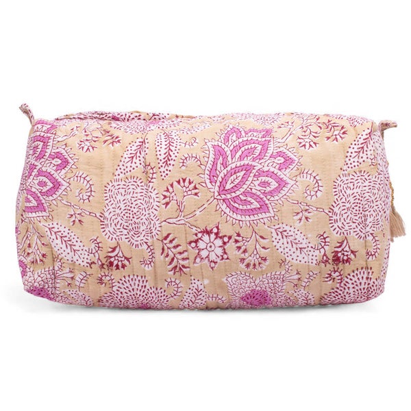 Toilettas - zandkleur met roze/lila bloemen - medium