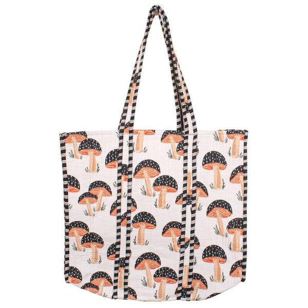 Bohemian schoudertas - Tote Bag - wit met paddenstoelen