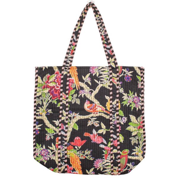 Bohemian schoudertas - Tote Bag - zwart met bloemen en vogels