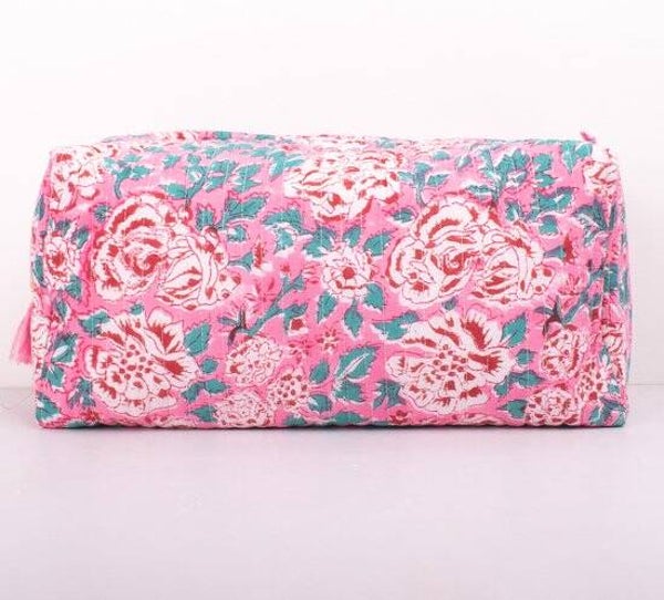 Toilettas - Roze met rode bloemen - Small