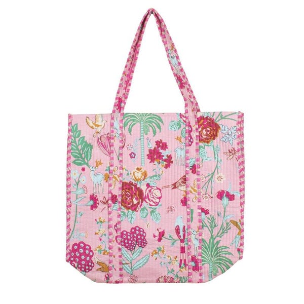 Bohemian schoudertas - Tote Bag - lichtroze met bloemen