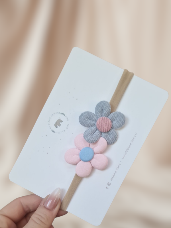 Haarband Baby -Bloemen- Roze/Grijs/Blauw