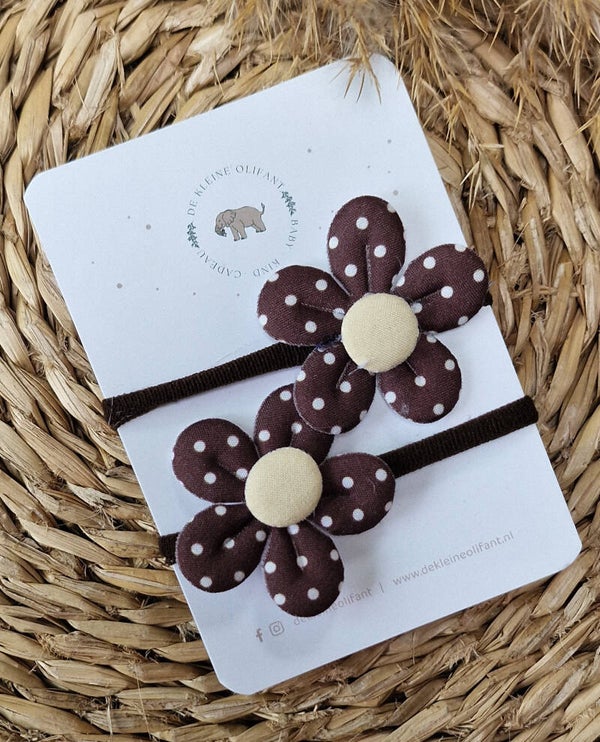 Haarelastiekjes Kind- Bloemetjes Stip - Bruin/Creme