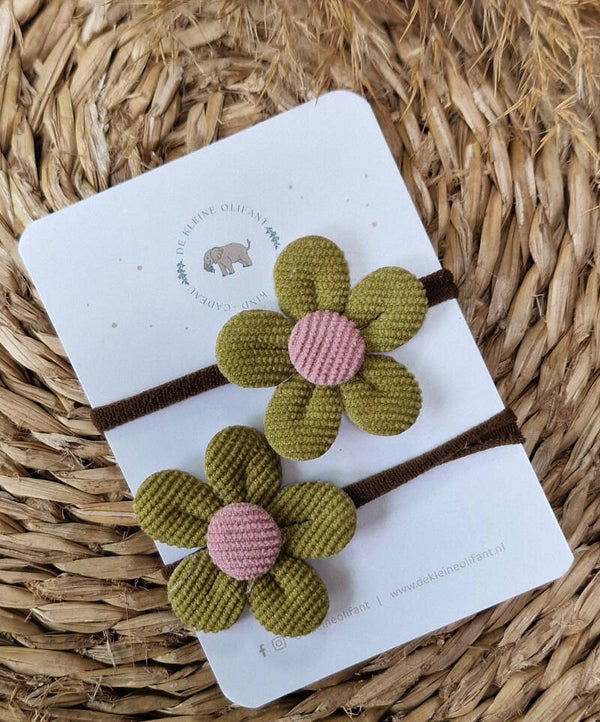 Haarelastiekjes Kind- Bloemetjes - Groen/Roze