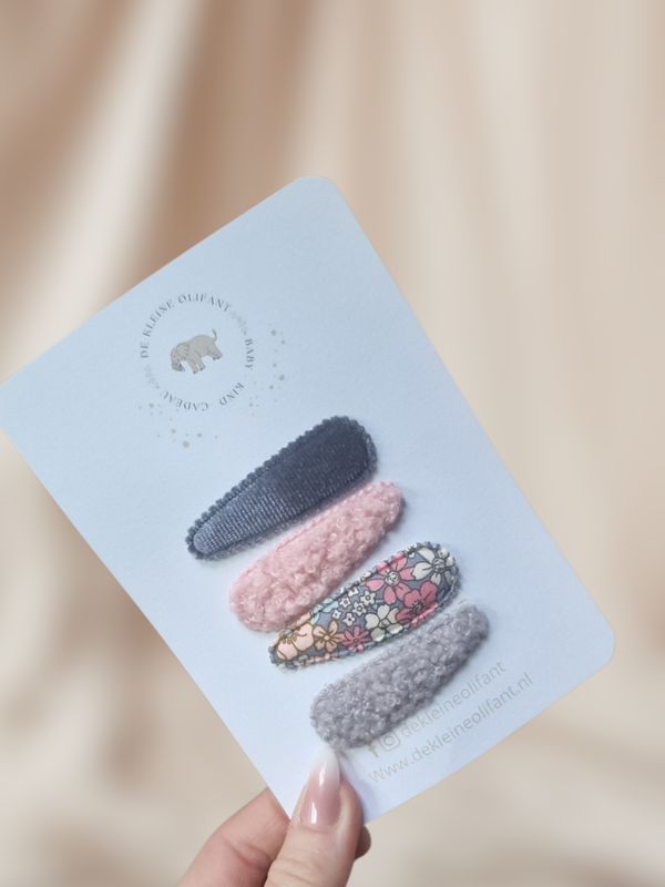 Basic Haarspeldjes Kind - Roze/Grijs - Bloemen/Teddy