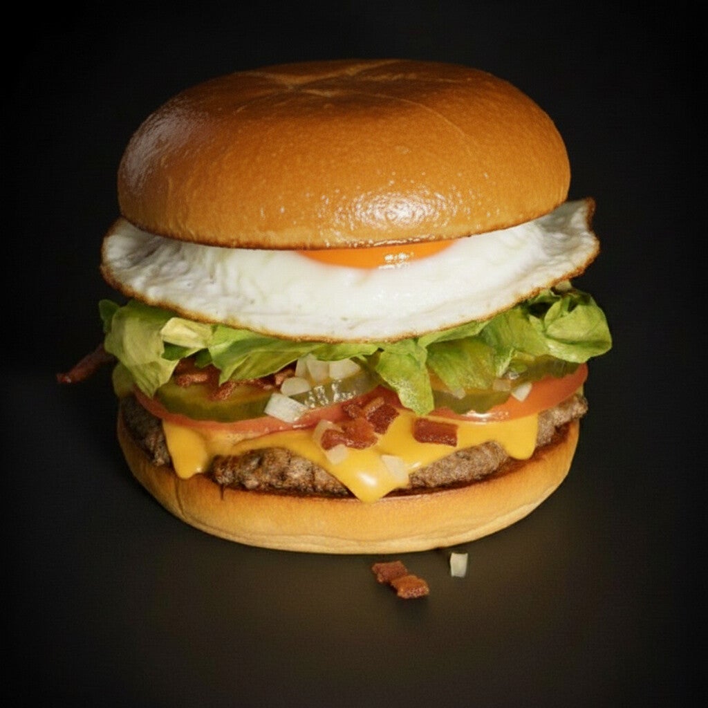 La old school, la de la vieja escuela y la mas vendida, carne smash, bacon, queso cheddar, lechuga, tomate, pepinillo, cebolla & huevo acompañado de nuestra mayo Wasa la  preferida por todos.