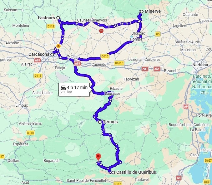 Mapa de Minerve a Peyrepertuse