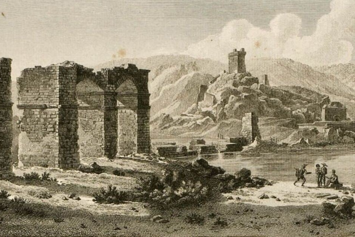 Grabado del puente romano y el castillo templario