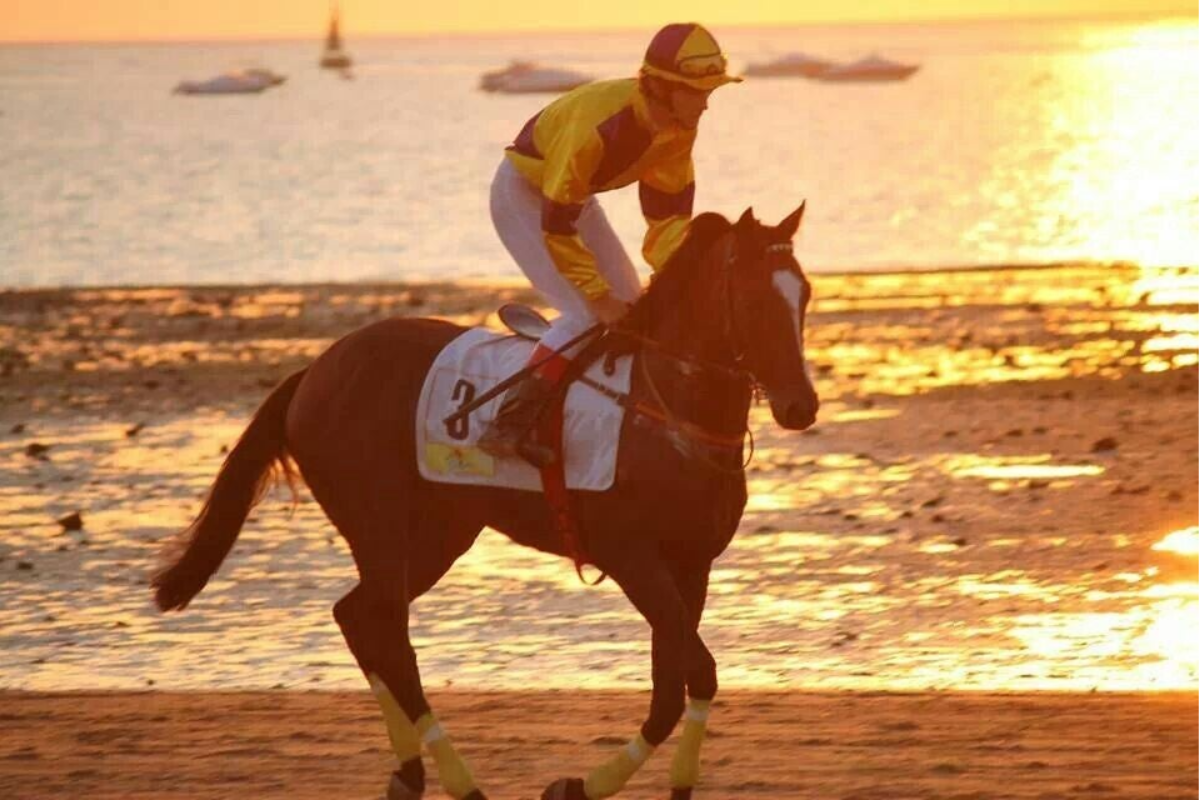 jinete montado a caballo por la playa al atardecer