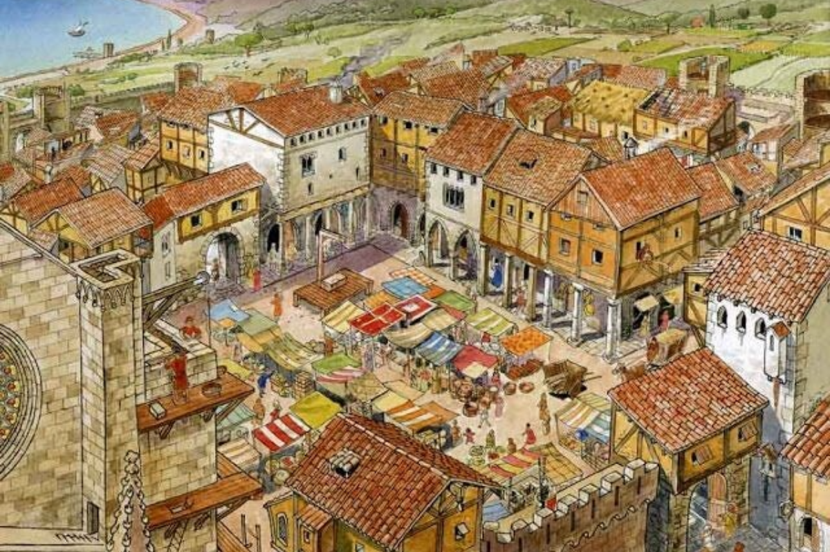 ilustracion de un mercado de la edad media en la plaza mayor