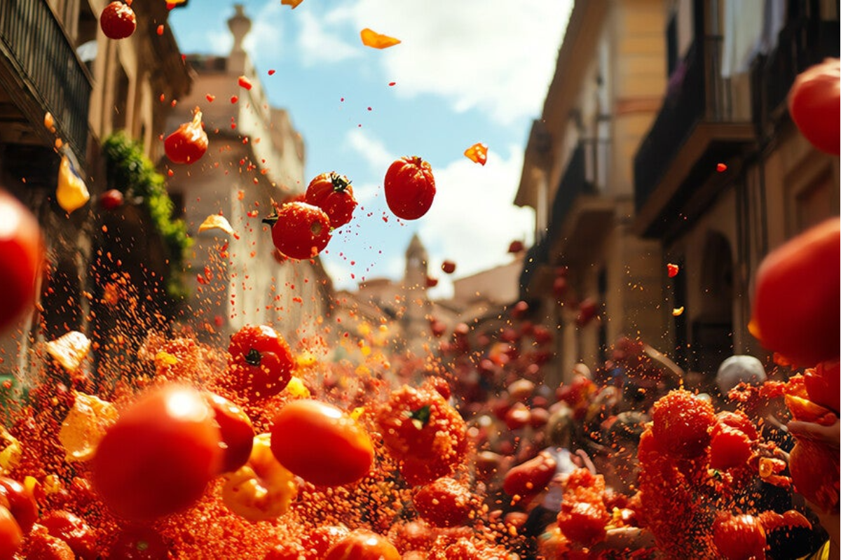 tomates volando en la tomatina de buñol