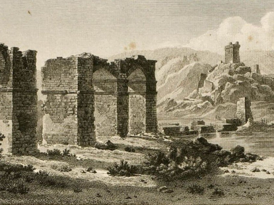 Grabado del puente romano y el castillo templario