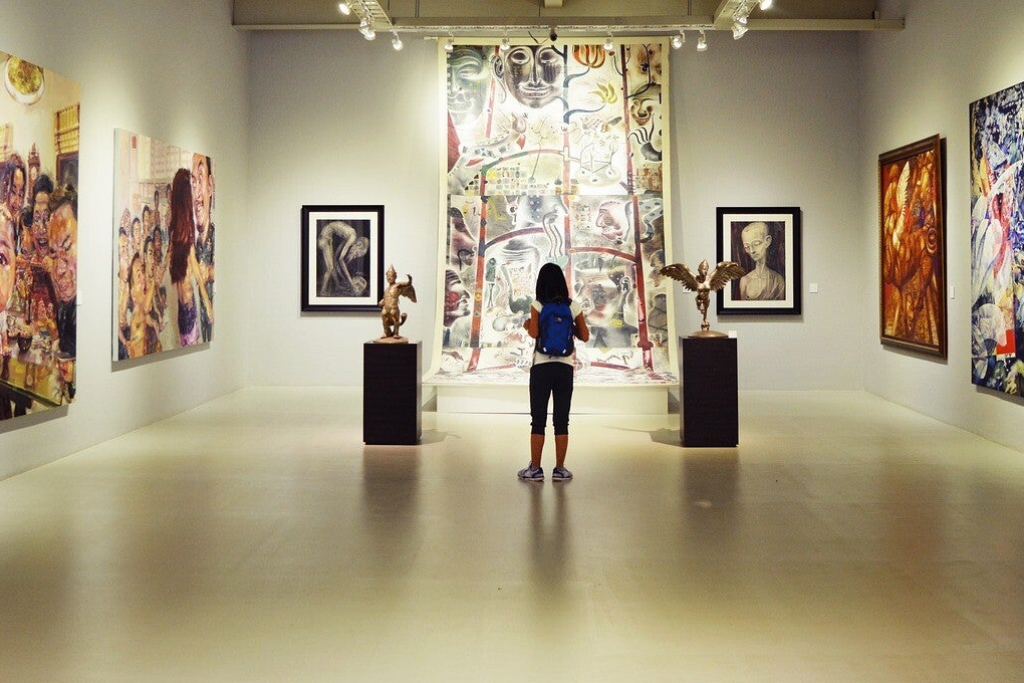 una chica de espaldas mirando cuadros en la sala de un museo