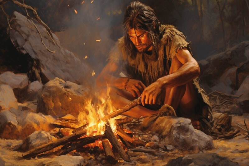 prehistorico en una caverna atizando el fuego de una fogata