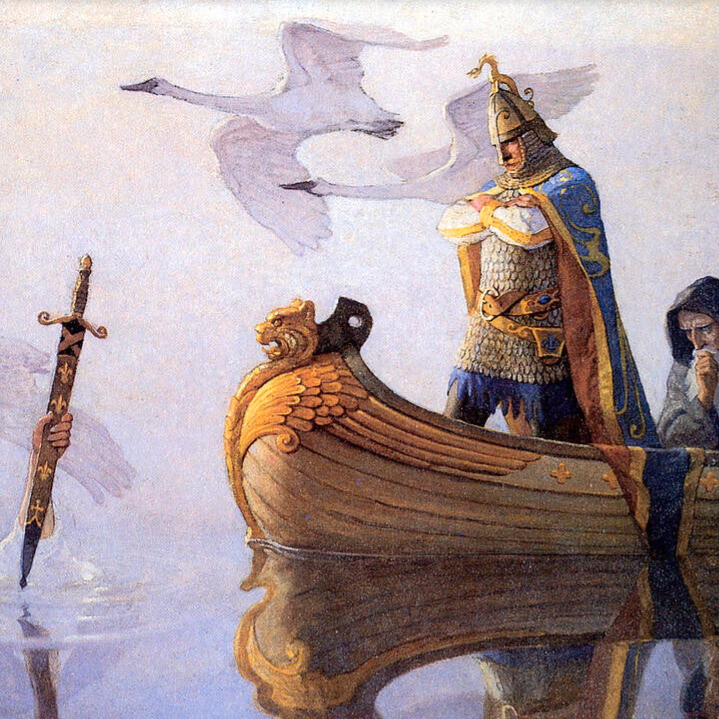 El Rey Arturo recibiendo Excalibur de la Dama del Lago, junto a el en la barca esta Merlin