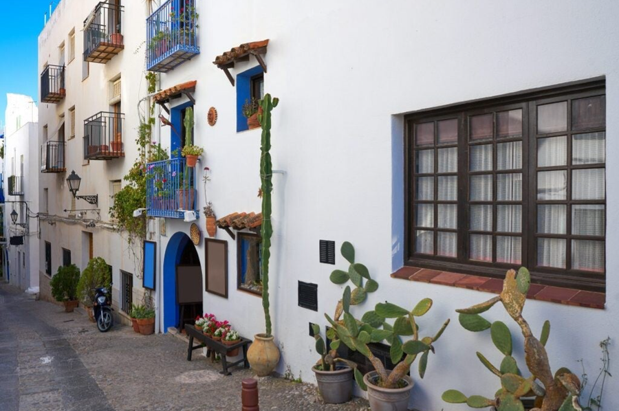 Calle del casco antiguo de Peñiscola, casas blancas con puerta y ventanas azules y flores y palntas en las puertas y ventana