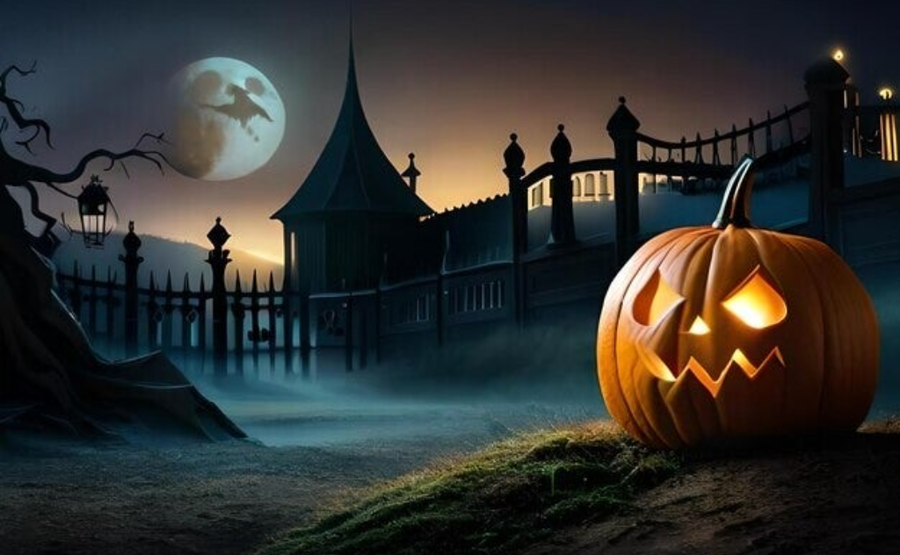 Una Calabaza Naranja en un cementerio de noche, ilustración para Halloween