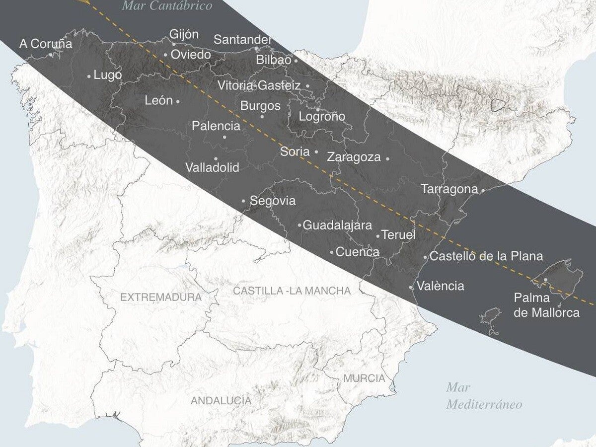 Mapa de ñla franja de la totalidad eclipse 2026