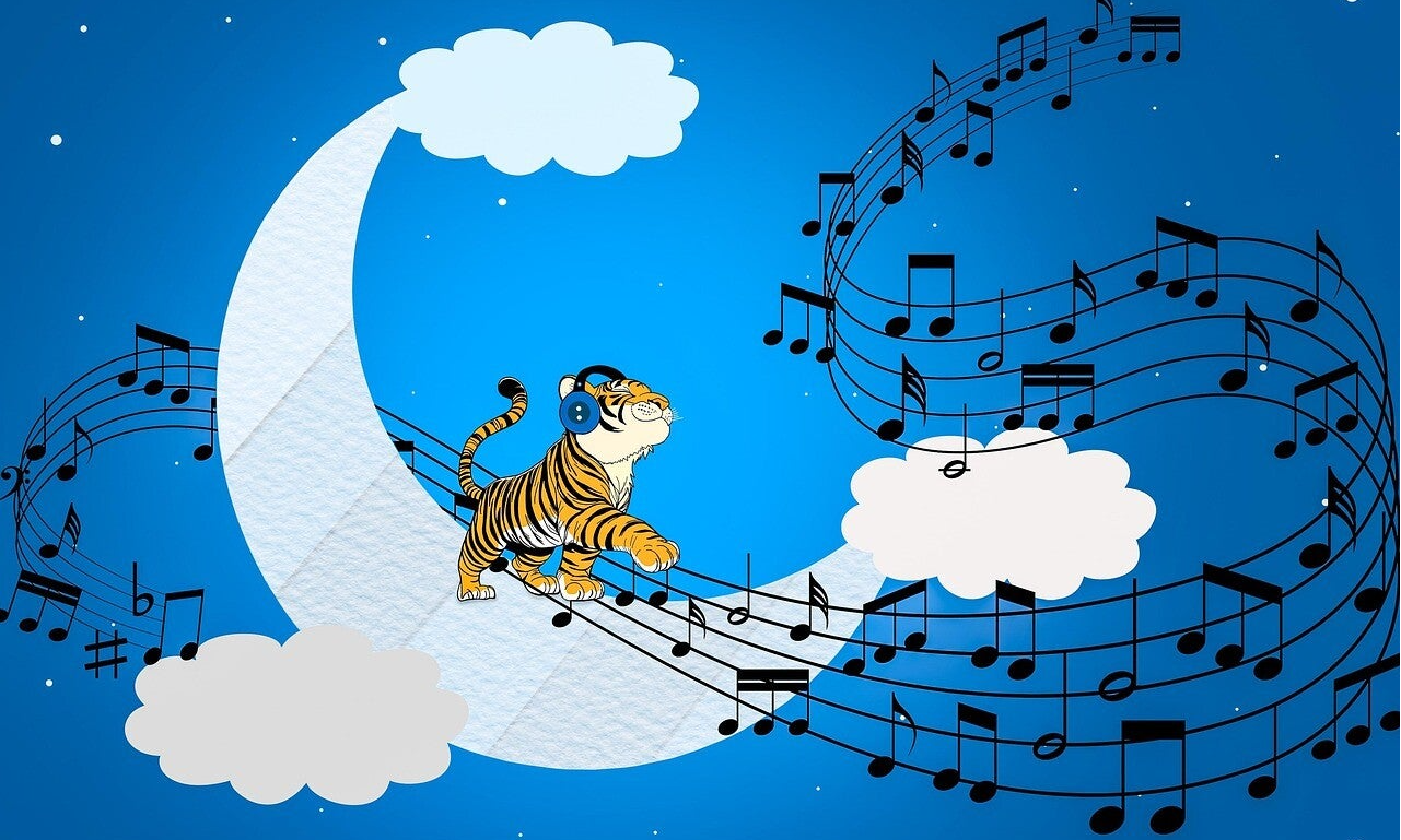 Dibujo de un tigre escuchando musica y andando sobre una nube blanca en un cielo azul