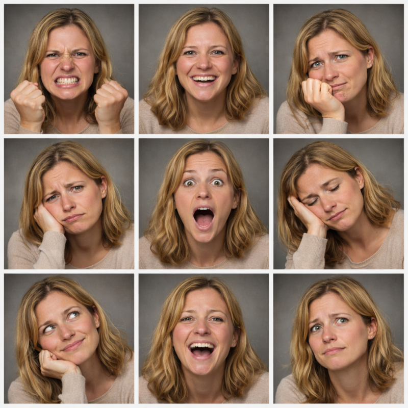 Een vrouw met 9 verschillende emoties