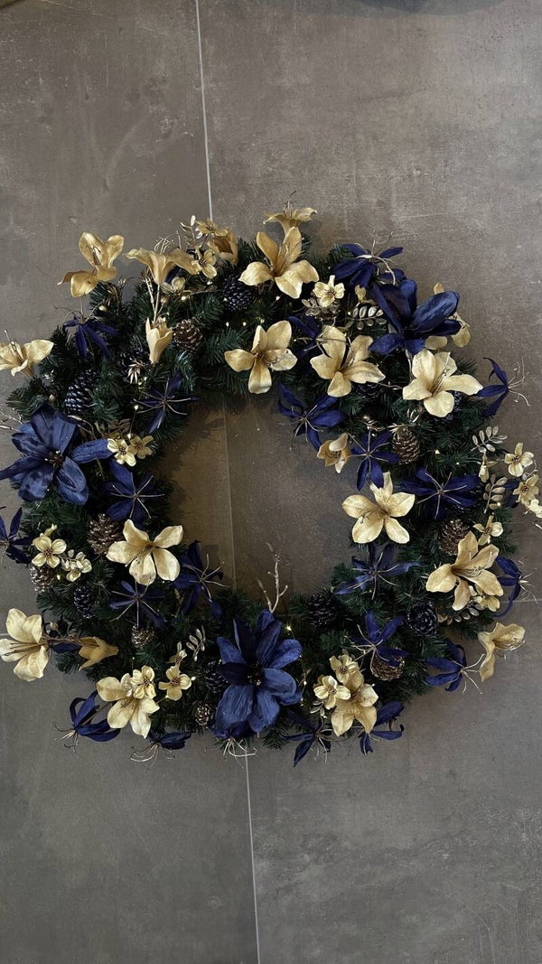 Kerstkrans royal blue / gold