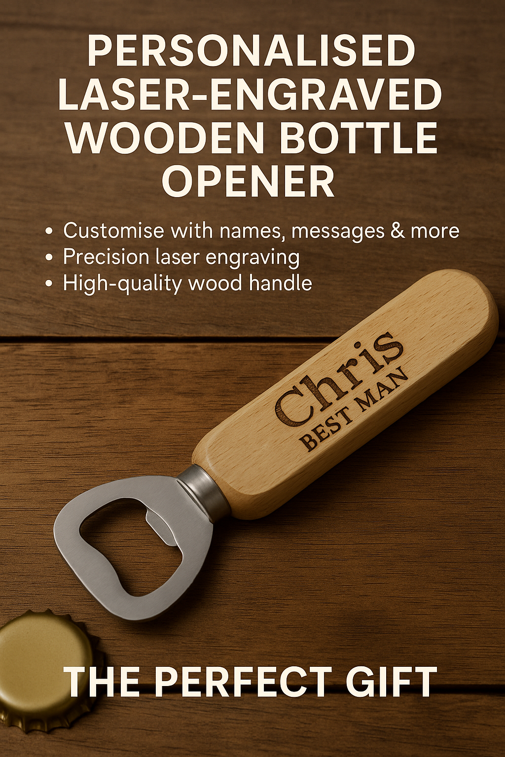 Laser engraved wooden bottle opener