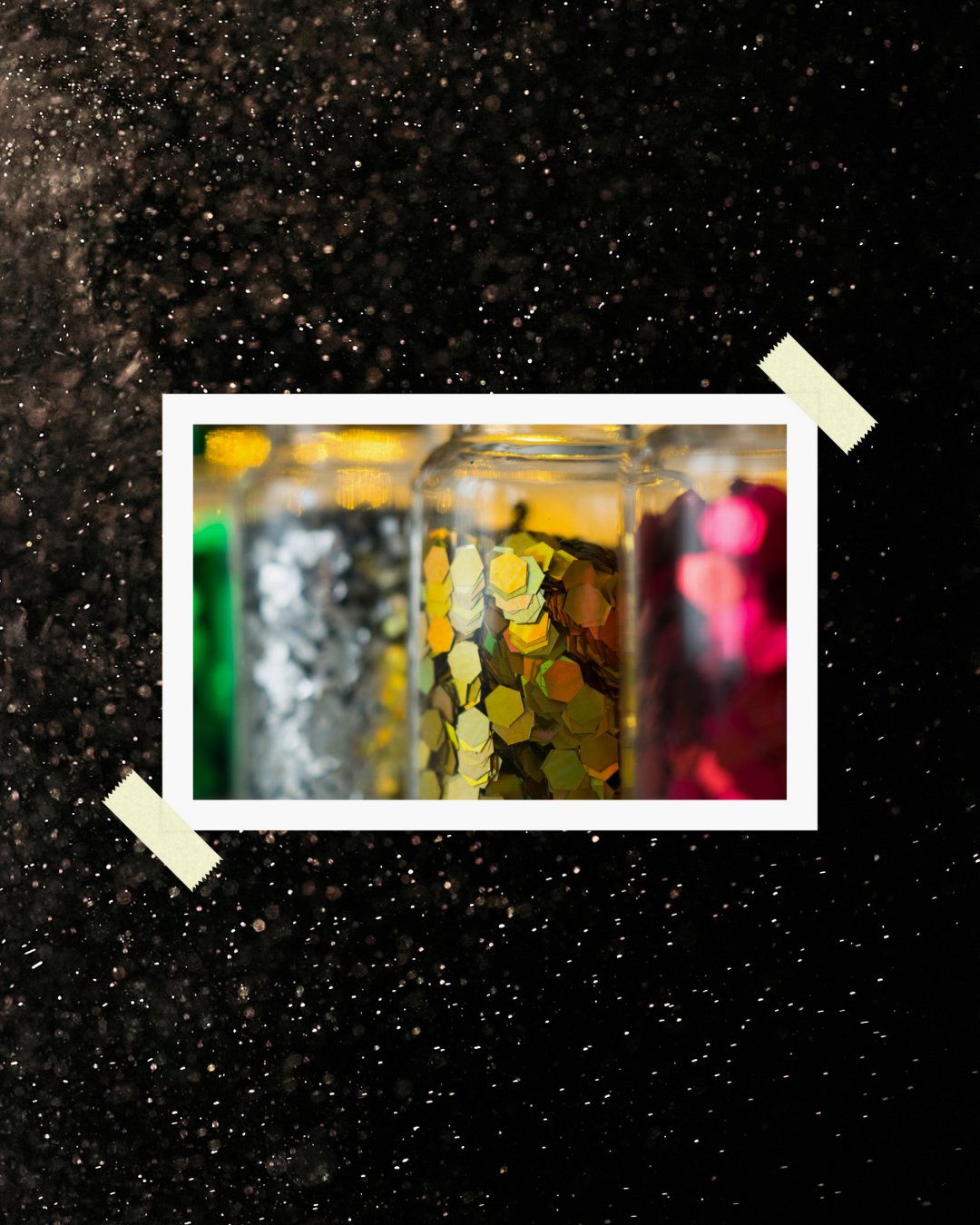 A close-up of three jars filled with colourful crafting glitter, representing the small, joyful things reclaimed during recovery from abuse.