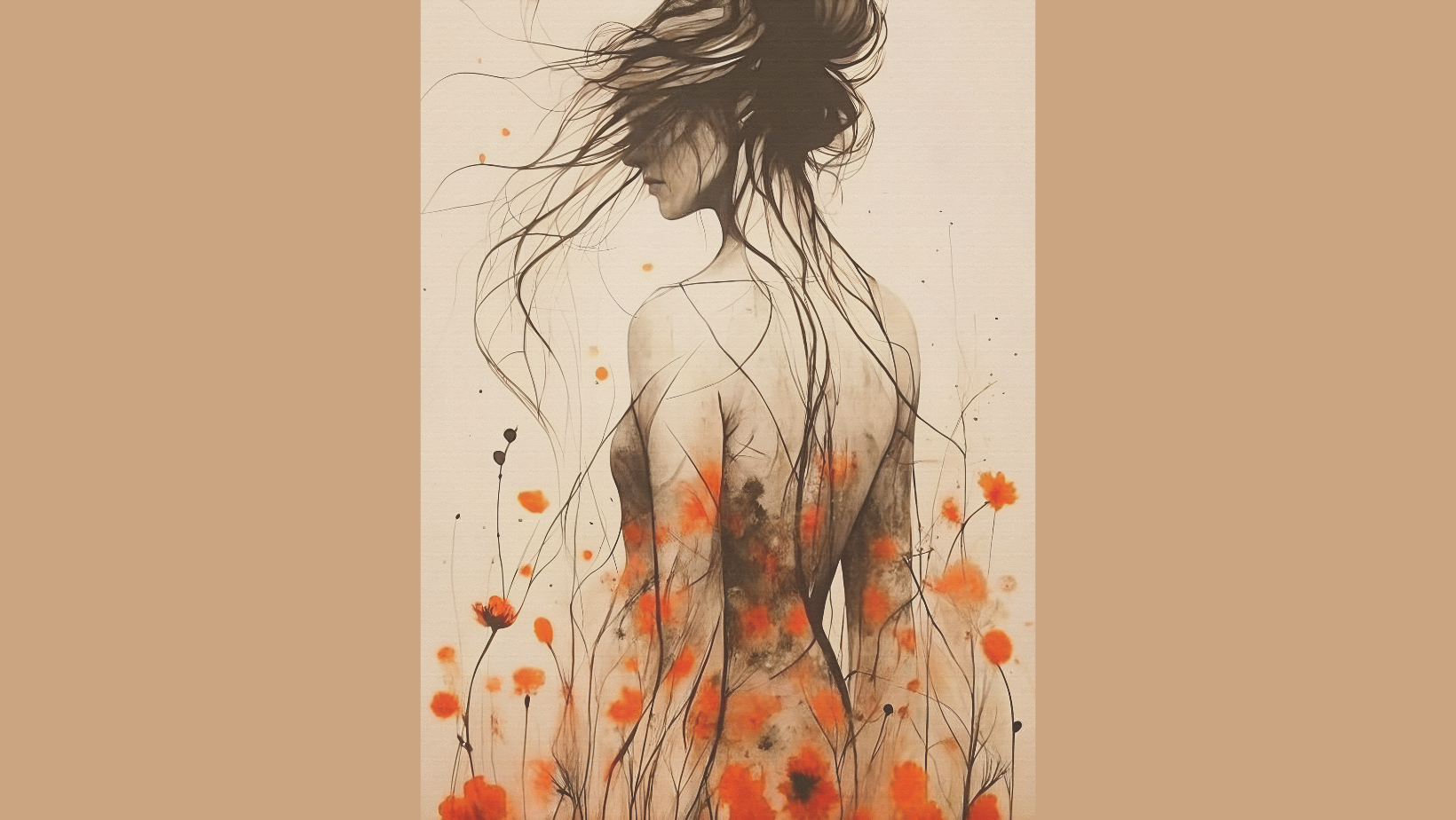 A  watercolour and ink illustration of a person's back and long dark hair. Vibrant orange flowers and thin branches are layered over and through the body, suggestinga connectionnbetween humans and nature.