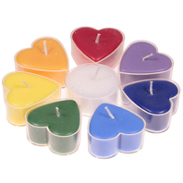 Fair Trade Hartvormige geurkaarsen stearine chakra (4x2 cm)/ Fair Trade Heart-shaped scented candles stearin chakra (4x2 cm)