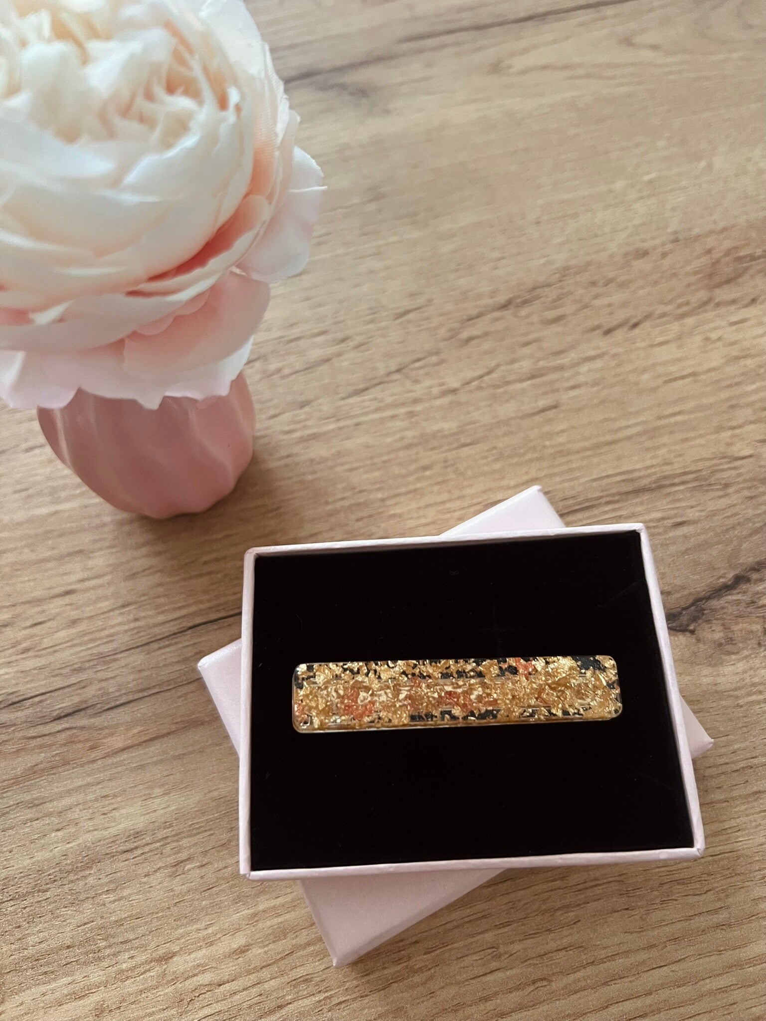 Barrette à cheveux transparente fine avec feuilles d'or