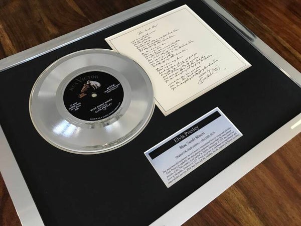 Elvis Presley Blue Suede Shoes silver 7" single + Vinyl Lyrics Display