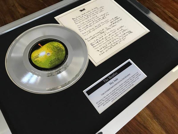 The Beatles Hey Jude silver 7" single + Vinyl Lyrics Display