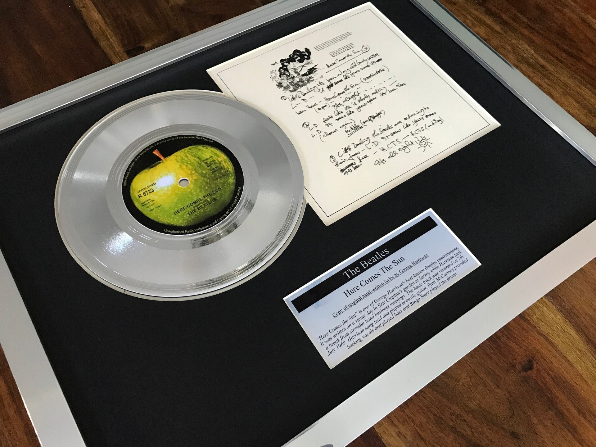 The Beatles Here Comes The Sun silver 7" single + Vinyl Lyrics Display