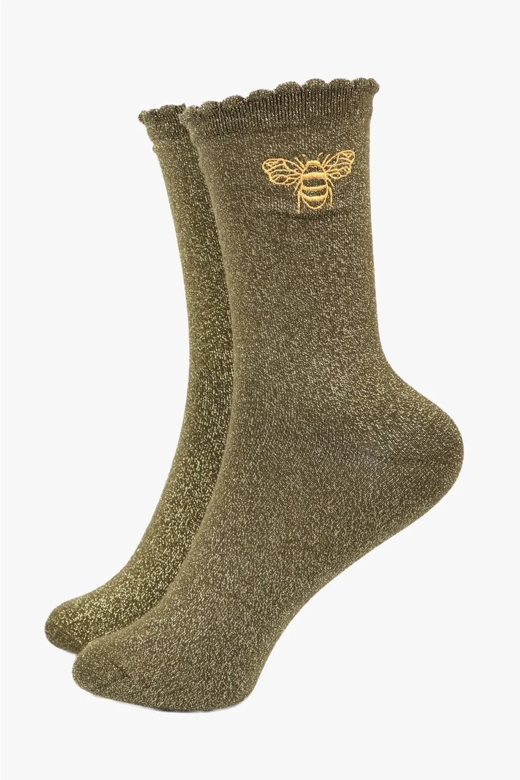 Chaussettes kaki à paillettes en forme d'abeille avec revers festonné