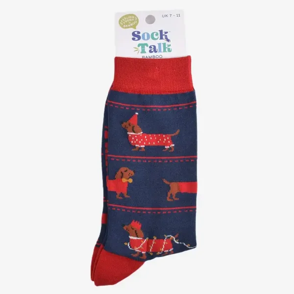 Chaussettes en bambou pour hommes, bleu marine/rouge, Sausage Dog Party