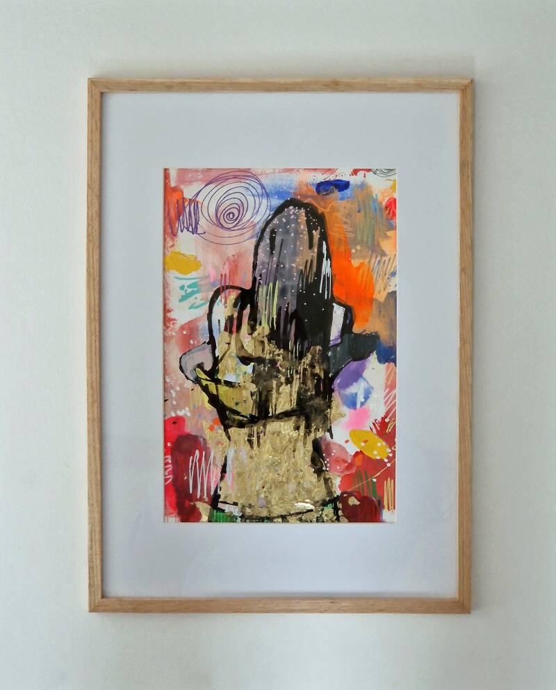 LAYER 26 (2023) 31,5cmX43,8cm / Acryl, inkt, marker, verfstift, bladgoud / € 390,00 (incl. lijst)