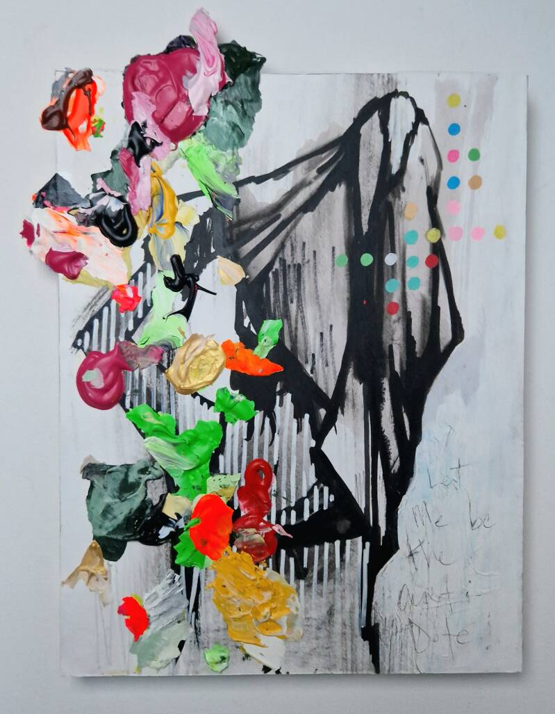 LAYER 51 (2023) €260    24,4cm X 31,5cm Acryl, inkt, marker en verfstift op papier Framed op 14mm MDF plaat