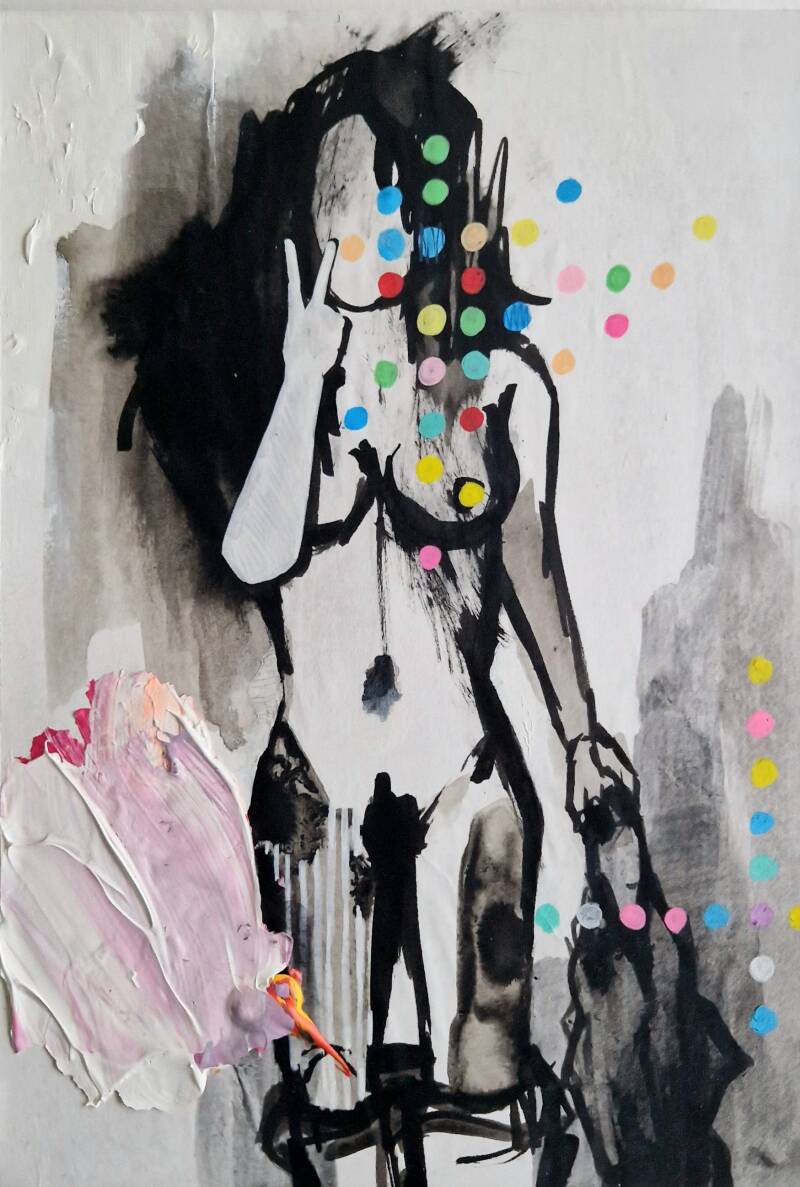 LAYER 53 (2023) €280    22cm X 31,5cm Inkt, acryl en verfstift op papier Framed op 16mm Multplex plaat 				