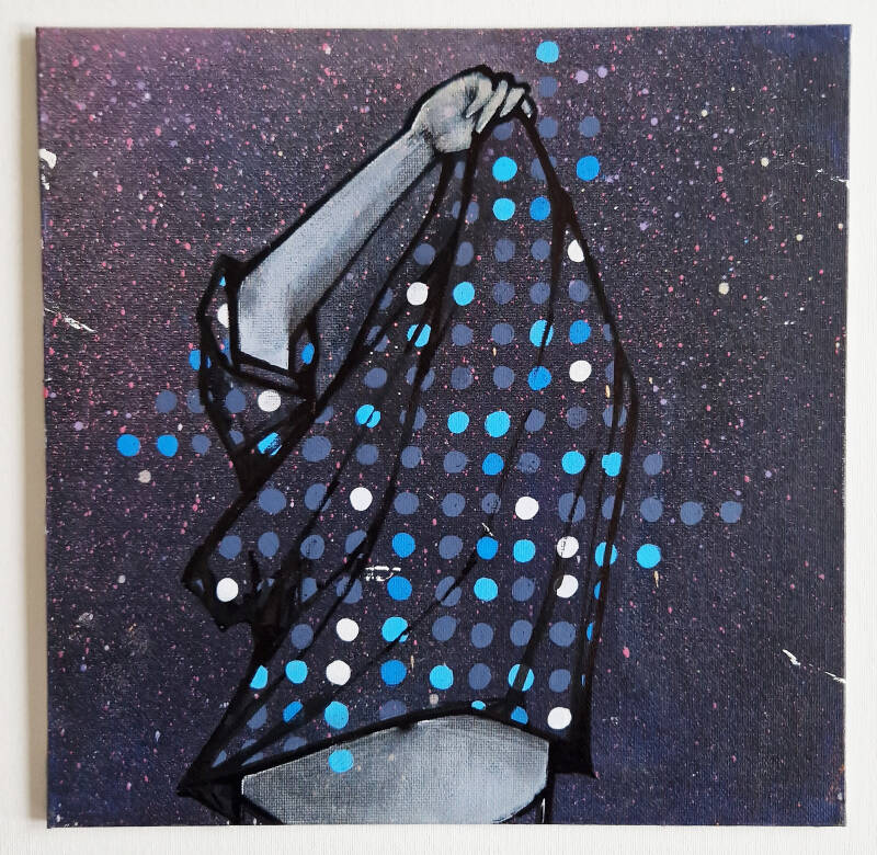 LAYER 9 (2022) €320    25cm X 25cm Acryl, inkt, marker, spuitbus en verfstift op canvas Framed op 14mm MDF plaat