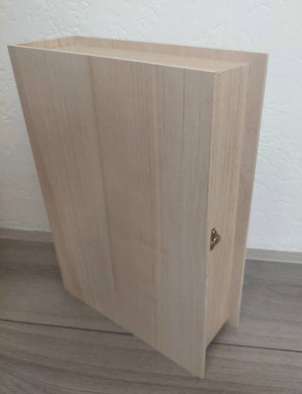 Houten opbergkist in boekvorm