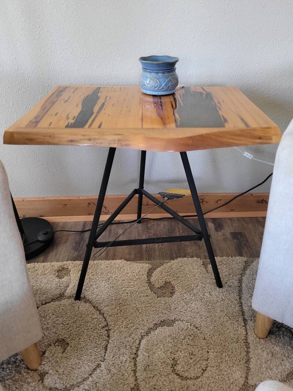 Live edge cypress side table with metal legs