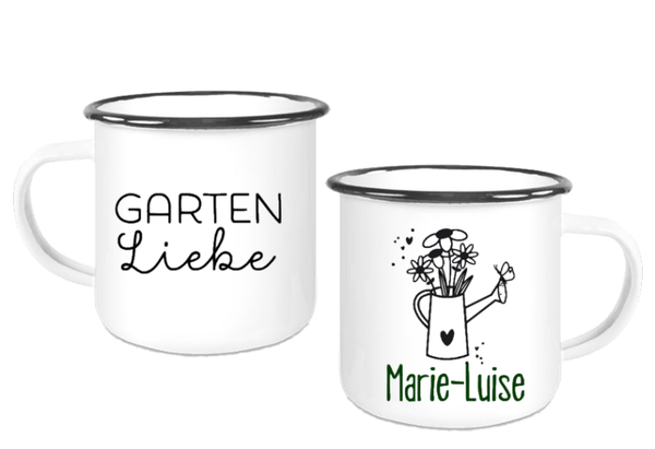 Emaille Tasse "Zwischen den Beeten" mit Namen