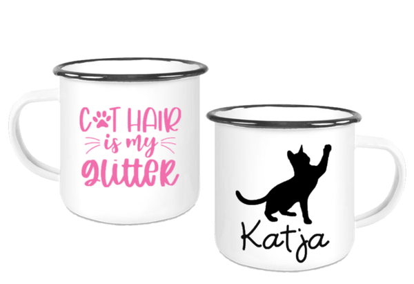 Emaille Tasse "Katzenhaar - mein Glitzer" mit Namen