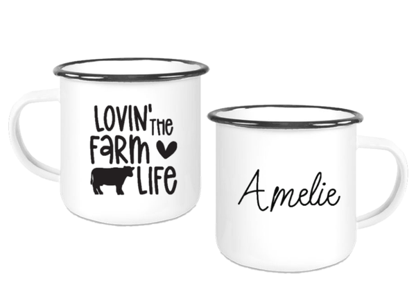 Emaille Tasse "Lovin the Farmlife - Kuh"