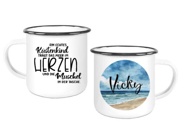 Emaille Tasse "Muschel in der Tasche"