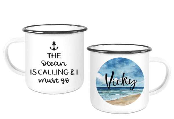 Emaille Tasse "The Ocean is calling" mit Namen