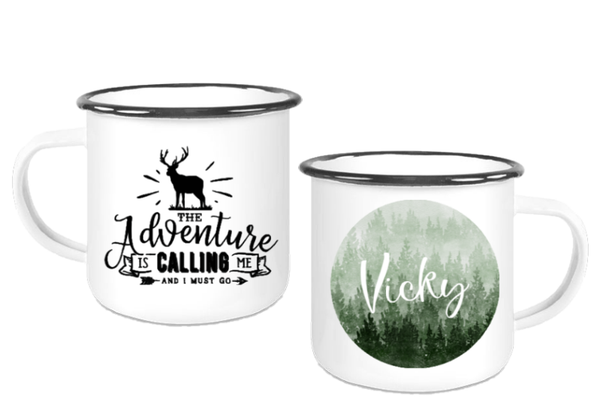 Emaille Tasse "The Adventure is calling me" mit Namen