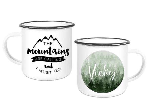 Emaille Tasse "The Mountains are calling" mit Namen