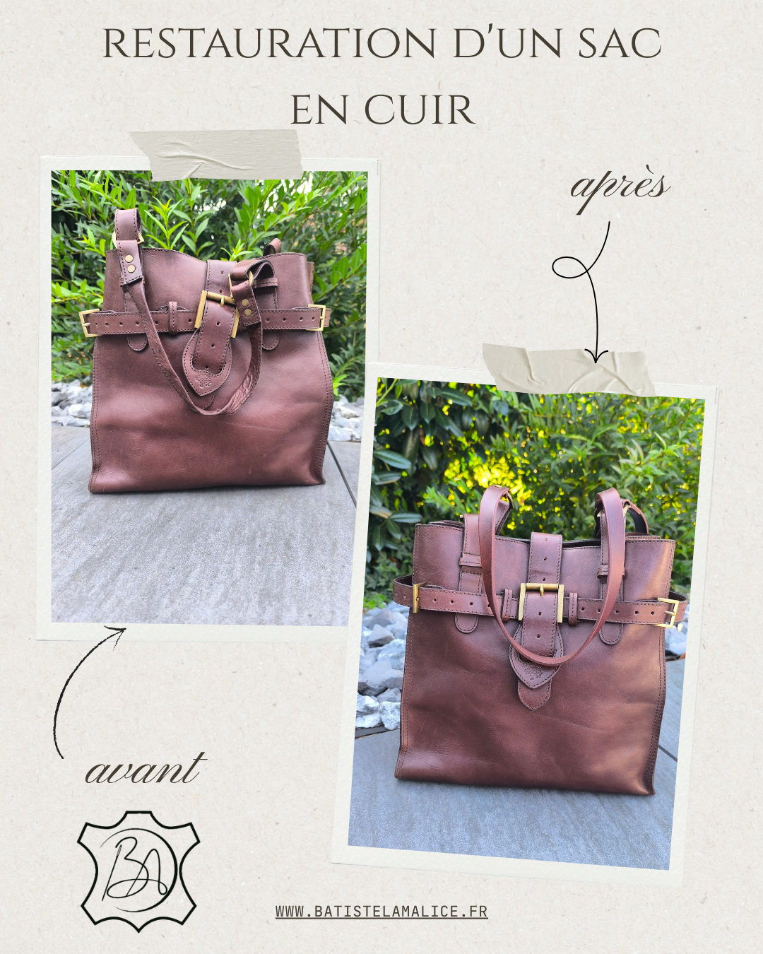 restauration d'un sac en cuir marron