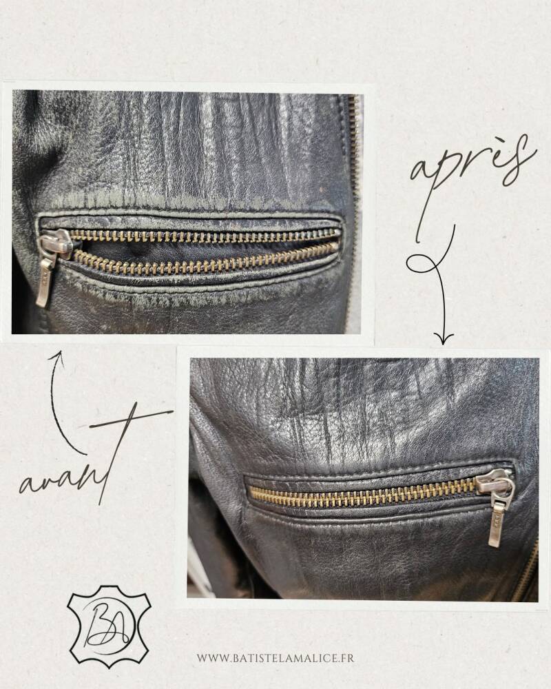 Poche d'un blouson en cuir restaurée,  vue avant et après 